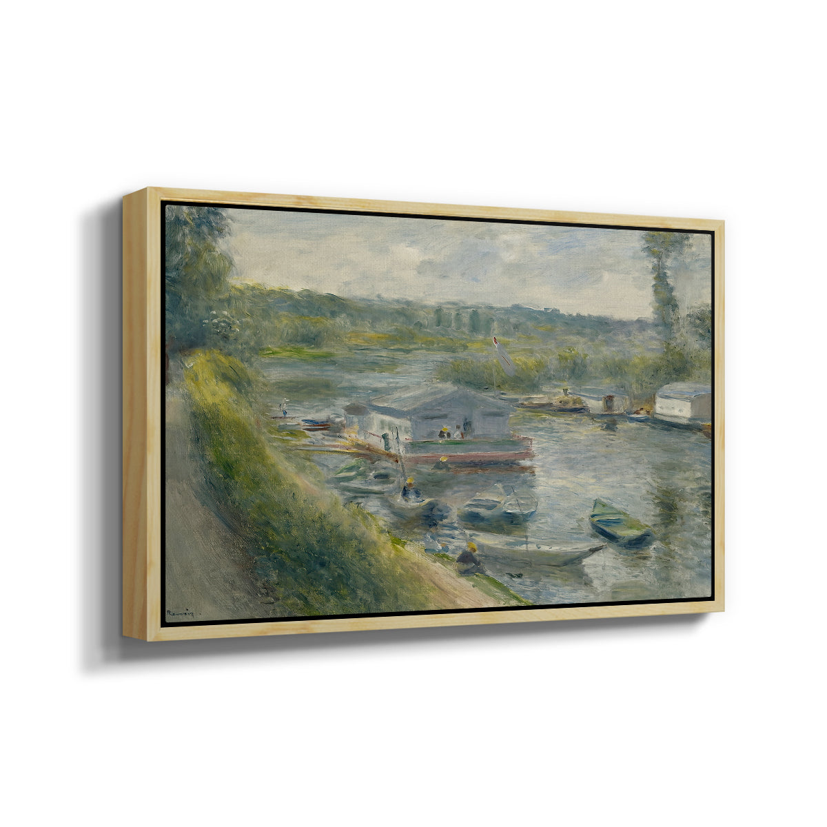 Angled view of Wash-House Boat at Bas-Meudon, c. 1874 by Pierre-Auguste Renoir in a natural wood floater framed canvas.