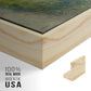 Close-up of the natural wood floater frame corner and gallery wrapped canvas construction.