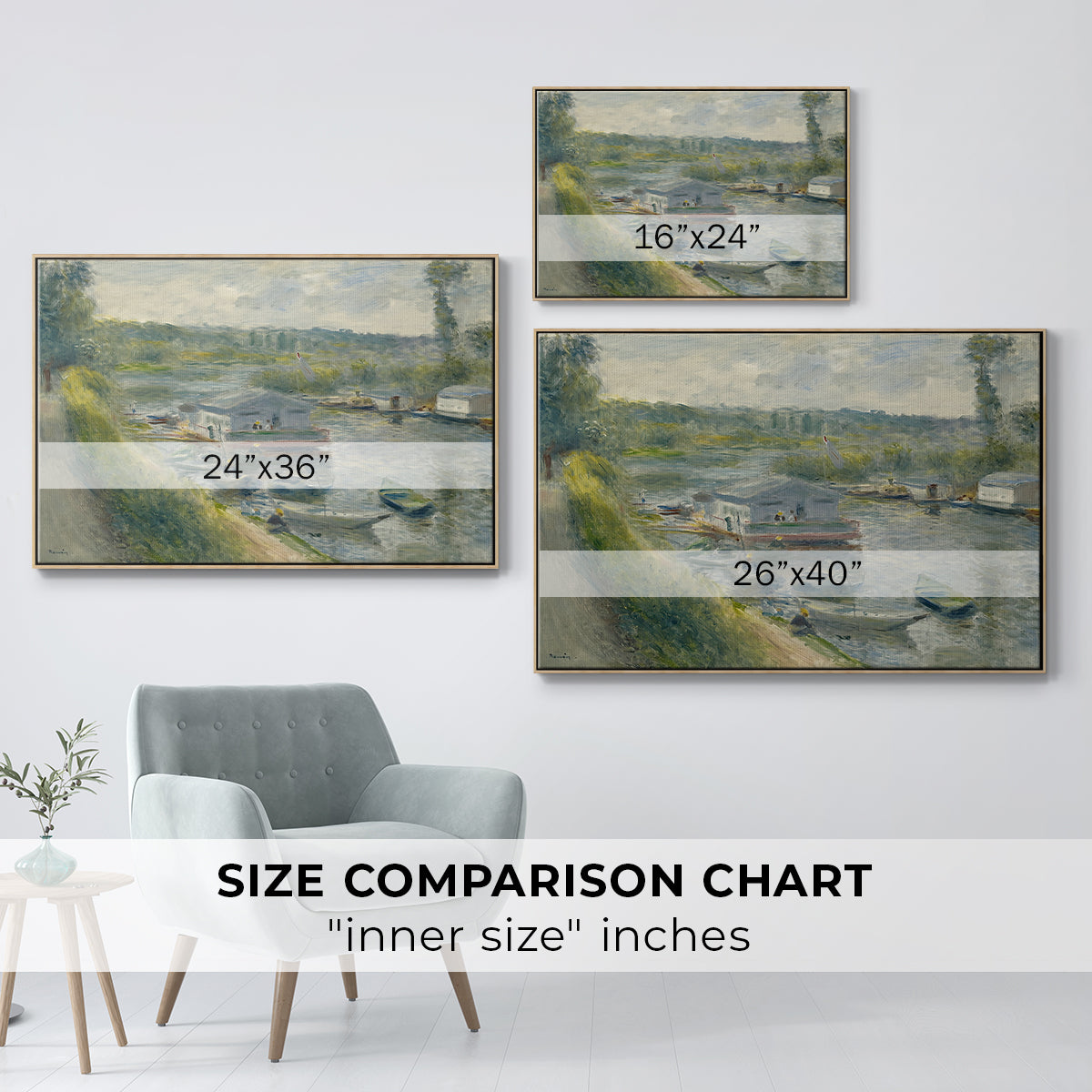 Size comparison chart for natural wood floater framed canvas featuring Wash-House Boat at Bas-Meudon, c. 1874 by Pierre-Auguste Renoir.