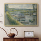 Natural wood floater framed canvas featuring an impressionist depiction of working boat along calm waterway, displayed above a cabinet in a soft-toned living room.