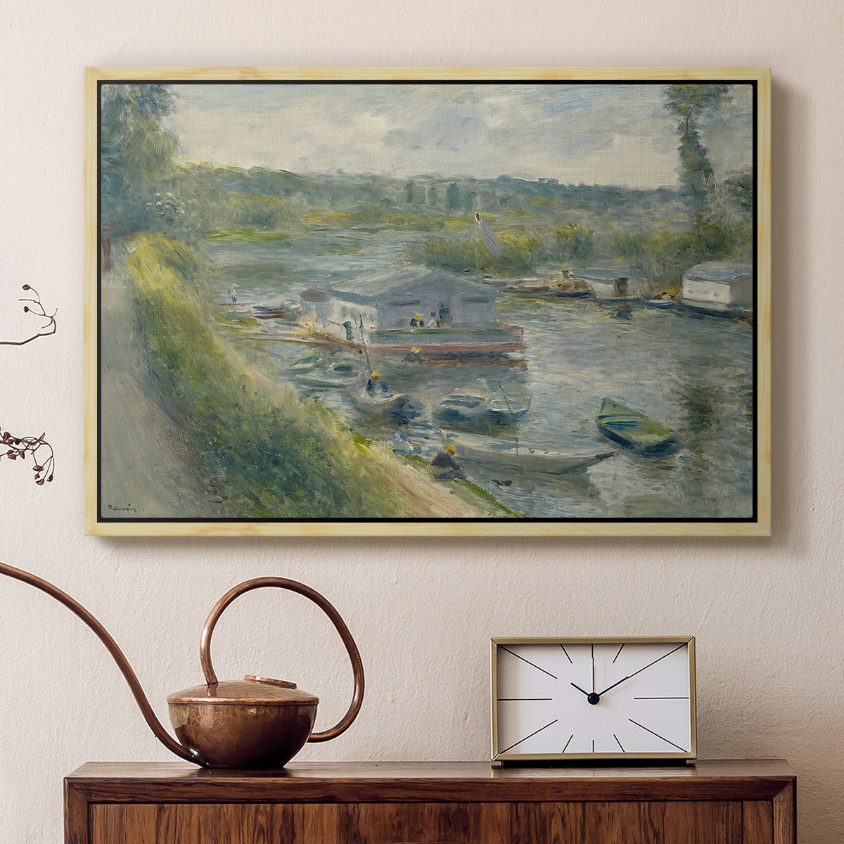 Natural wood floater framed canvas featuring an impressionist depiction of working boat along calm waterway, displayed above a cabinet in a soft-toned living room.