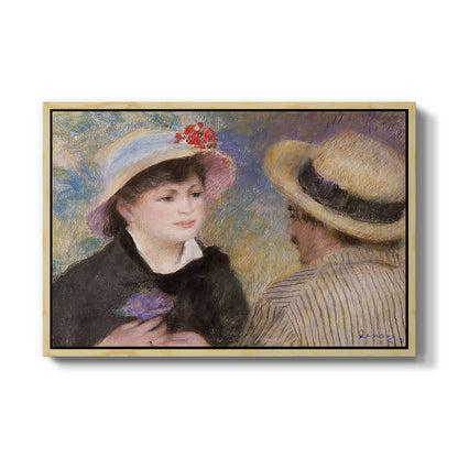 Boating Couple (Aline Charigot and Renoir), c. 1881 by Pierre-Auguste Renoir in a natural wood floater framed canvas wall art display.