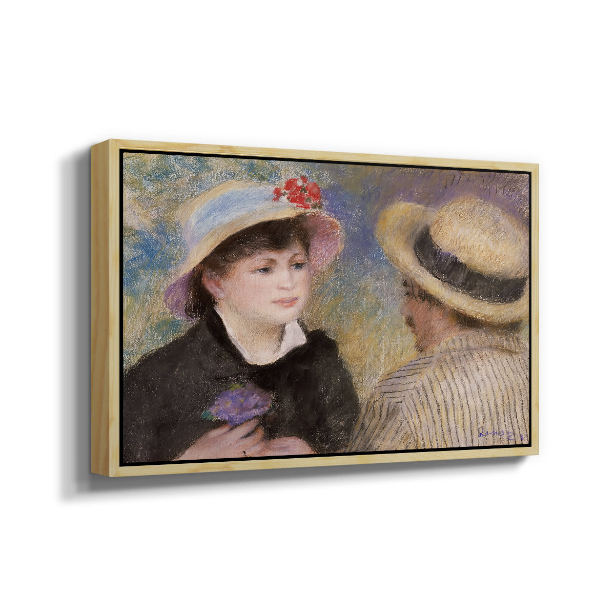 Angled view of Boating Couple (Aline Charigot and Renoir), c. 1881 by Pierre-Auguste Renoir in a natural wood floater framed canvas.