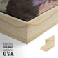 Close-up of the natural wood floater frame corner and gallery wrapped canvas construction.