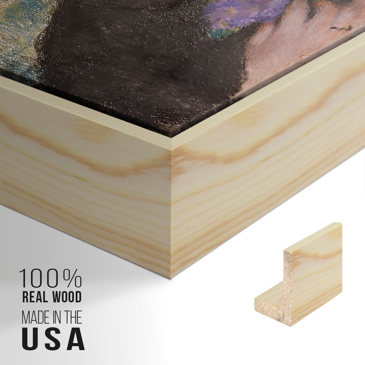 Close-up of the natural wood floater frame corner and gallery wrapped canvas construction.