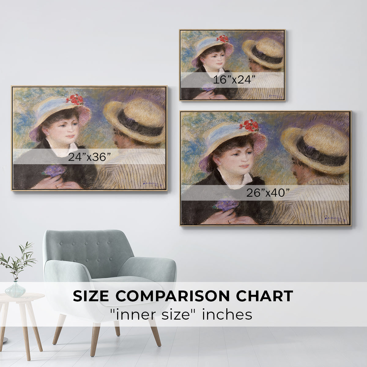 Size comparison chart for natural wood floater framed canvas featuring Boating Couple (Aline Charigot and Renoir), c. 1881 by Pierre-Auguste Renoir.