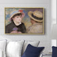Boating Couple (Aline Charigot and Renoir), c. 1881 by Pierre-Auguste Renoir displayed above a sofa in a living room in a natural wood floater frame, featuring an intimate portrait of man and woman sitting side by side in outdoor setting.