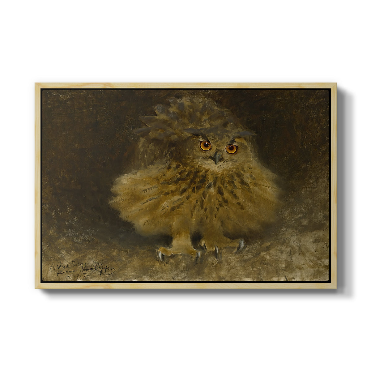 An Eagle Owl (Berguv), 1905 by Bruno Liljefors in a natural wood floater framed canvas wall art display.