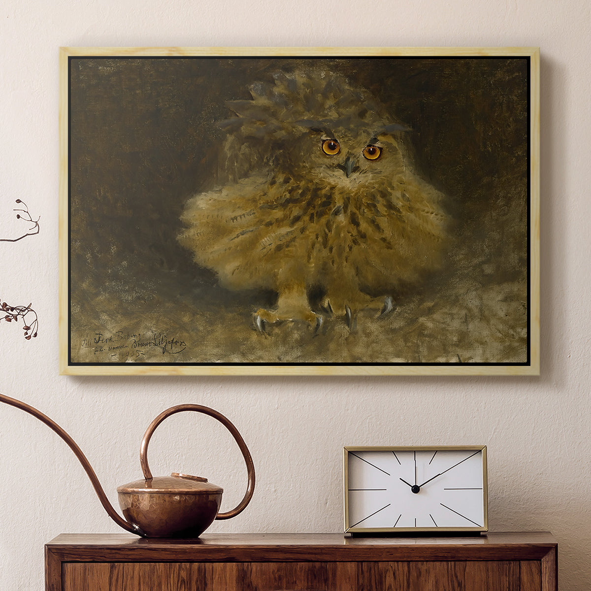 Natural wood floater framed canvas featuring a bird of prey resting on tree branch with textured feathers, displayed above a cabinet in a soft-toned living room.
