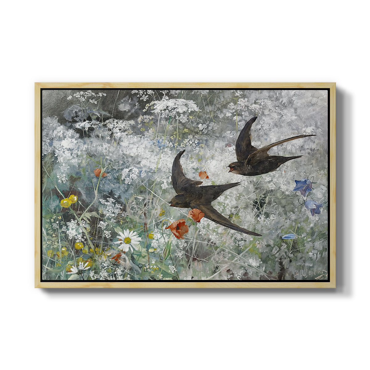 Common Swifts, 1886 by Bruno Liljefors in a natural wood floater framed canvas wall art display.