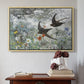 Natural wood floater framed canvas featuring Common Swifts, 1886 by Bruno Liljefors above an entryway table in a minimalist foyer.