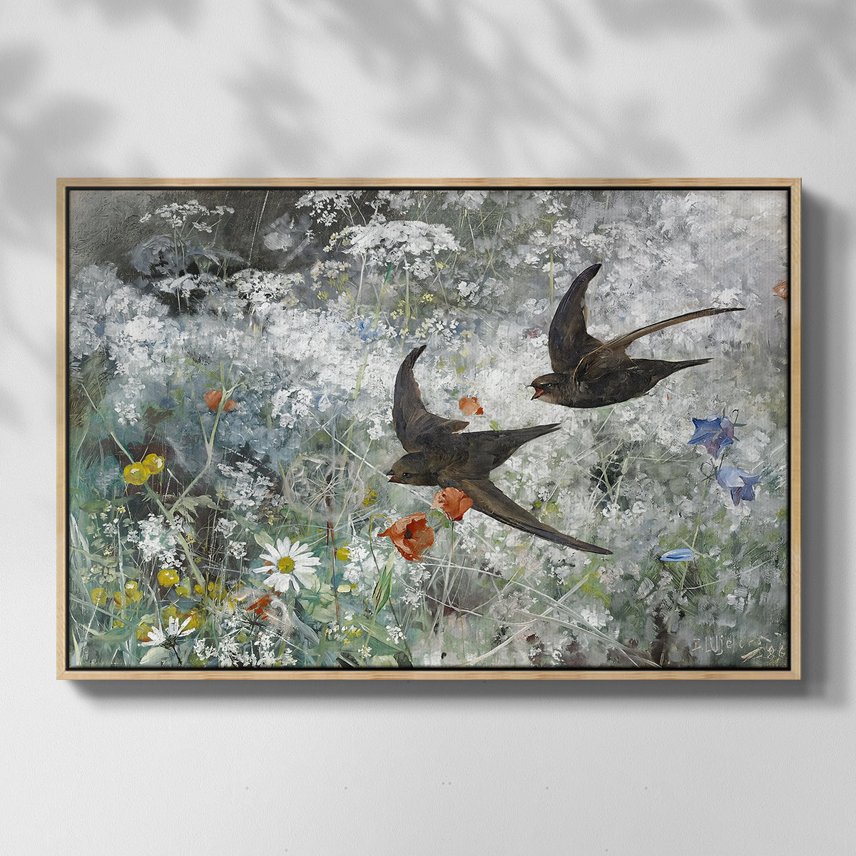 Front view of Common Swifts, 1886 by Bruno Liljefors in a natural wood floater framed canvas.