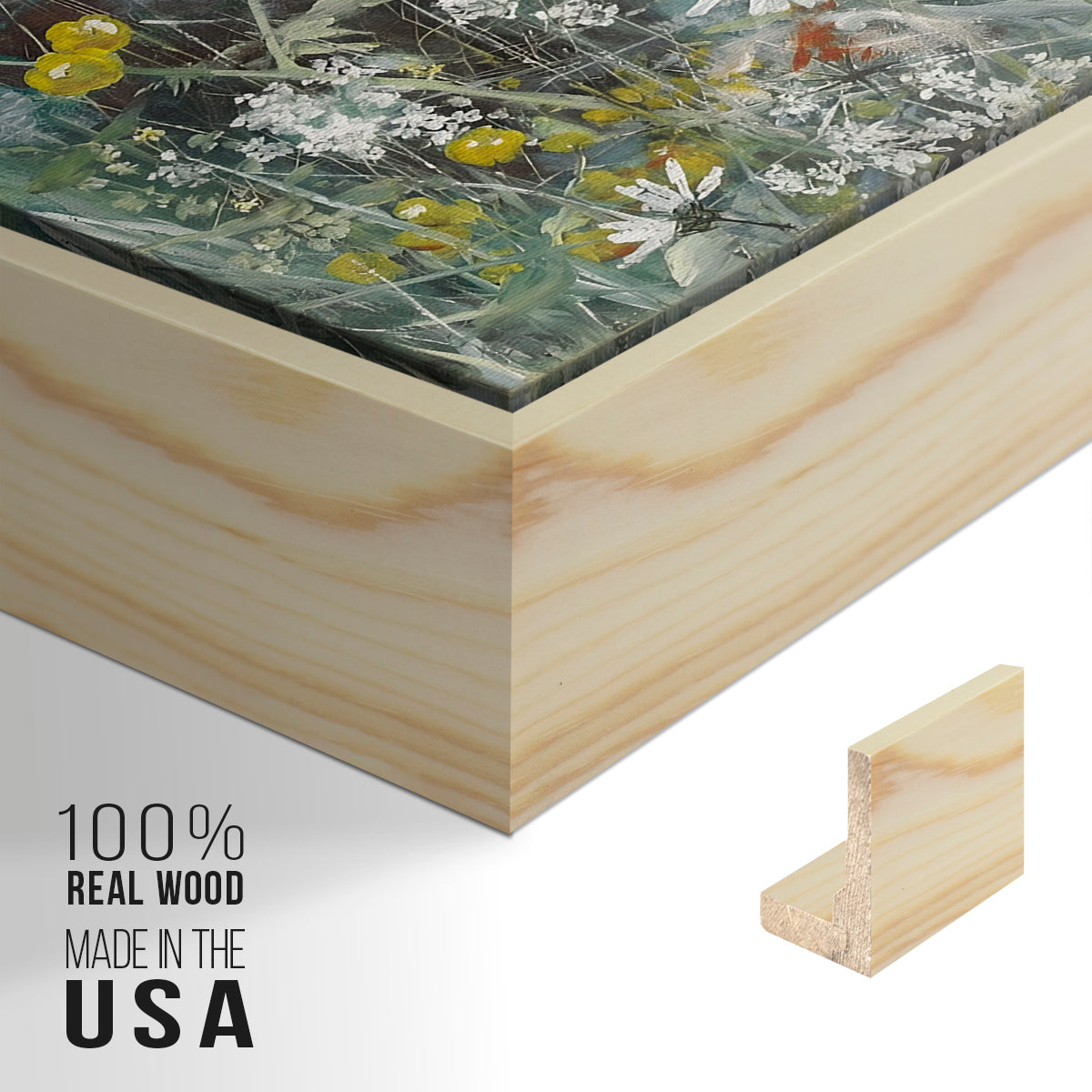 Close-up of the natural wood floater frame corner and gallery wrapped canvas construction.