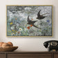 Common Swifts, 1886 by Bruno Liljefors in a natural wood floater framed canvas displayed above a console table in a hallway, featuring an impressionist wildlife scene capturing birds in motion.