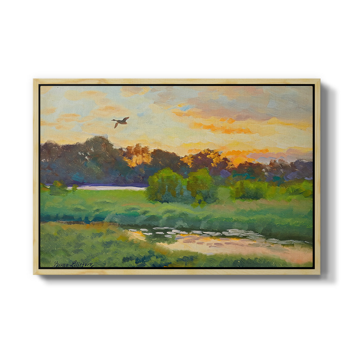 Flying Duck at Sunset, 1924 by Bruno Liljefors in a natural wood floater framed canvas wall art display.
