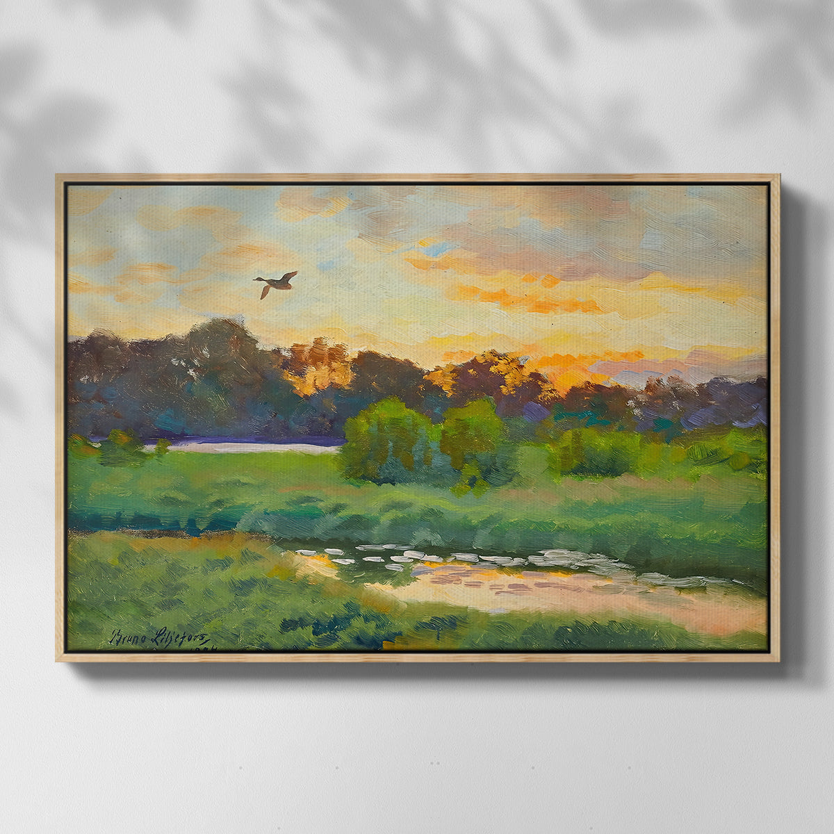 Front view of Flying Duck at Sunset, 1924 by Bruno Liljefors in a natural wood floater framed canvas.