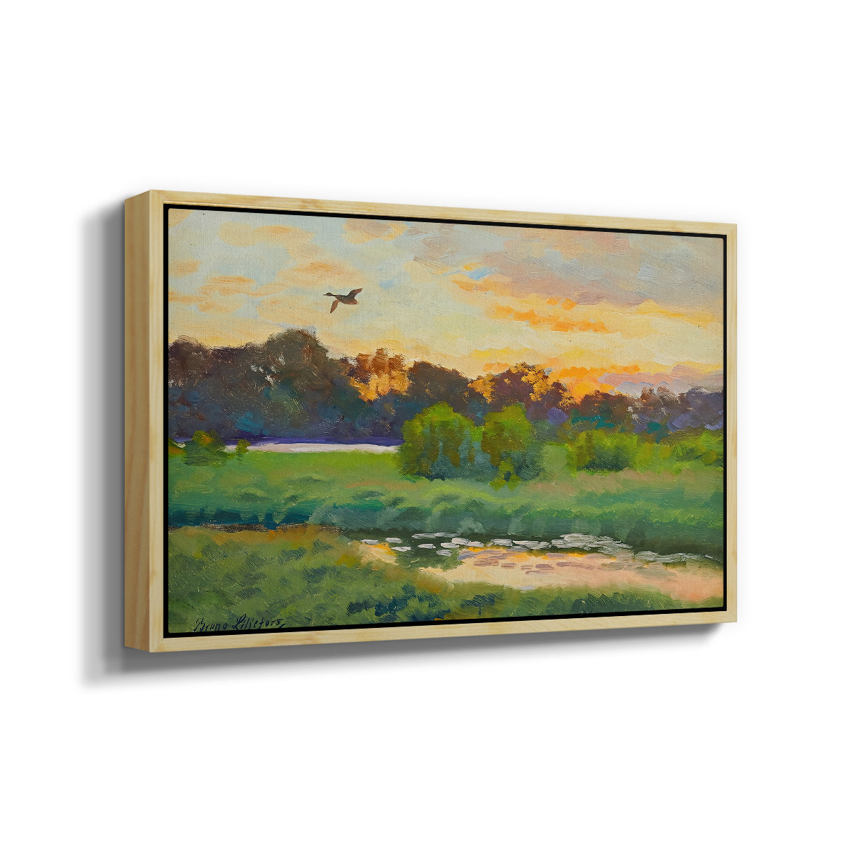 Angled view of Flying Duck at Sunset, 1924 by Bruno Liljefors in a natural wood floater framed canvas.