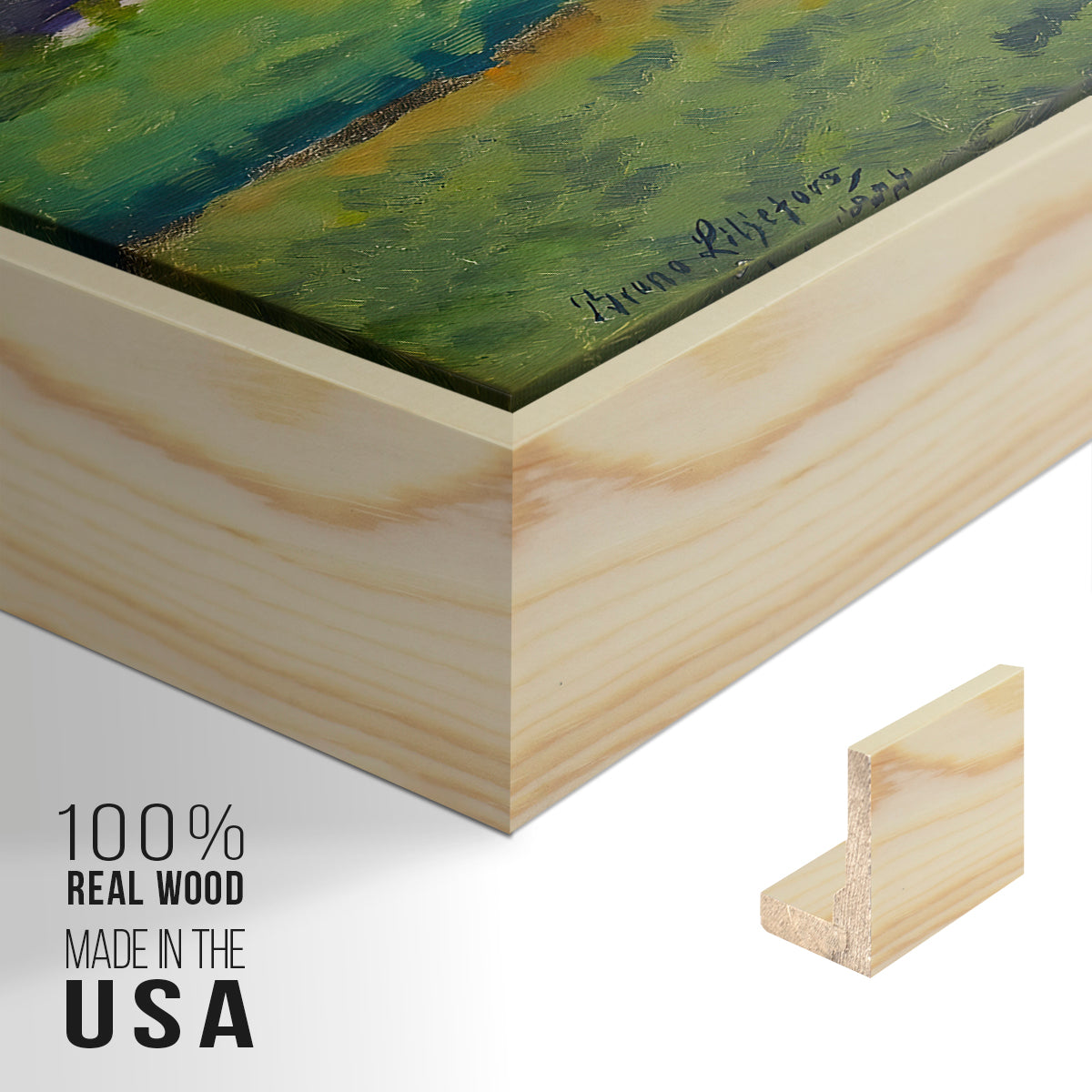 Close-up of the natural wood floater frame corner and gallery wrapped canvas construction.