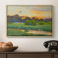 Flying Duck at Sunset, 1924 by Bruno Liljefors in a natural wood floater framed canvas displayed above a console table in a hallway, featuring a lone duck flying over a marsh at golden hour.