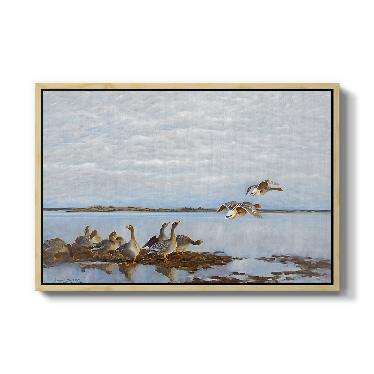 Greylag Geese (Grågäss), 1922 by Bruno Liljefors in a natural wood floater framed canvas wall art display.