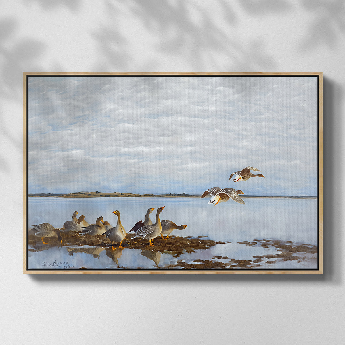 Front view of Greylag Geese (Grågäss), 1922 by Bruno Liljefors in a natural wood floater framed canvas.