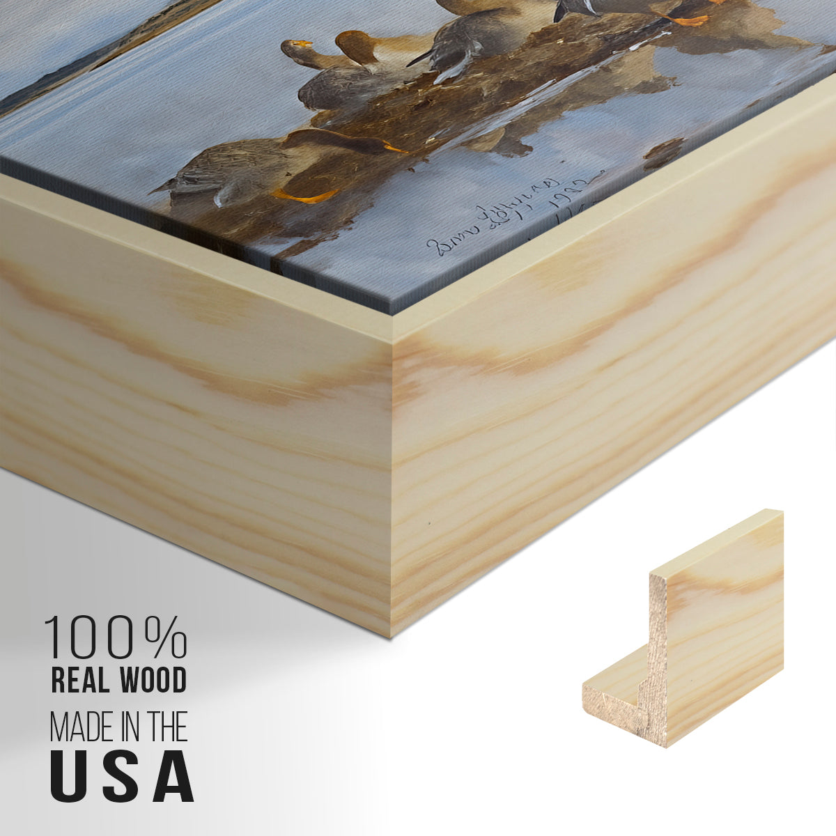 Close-up of the natural wood floater frame corner and gallery wrapped canvas construction.