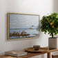 Greylag Geese (Grågäss), 1922 by Bruno Liljefors, presented in a natural wood floater framed canvas featuring a group of geese gathered near water in a natural wetland landscape, displayed above a hallway console table.