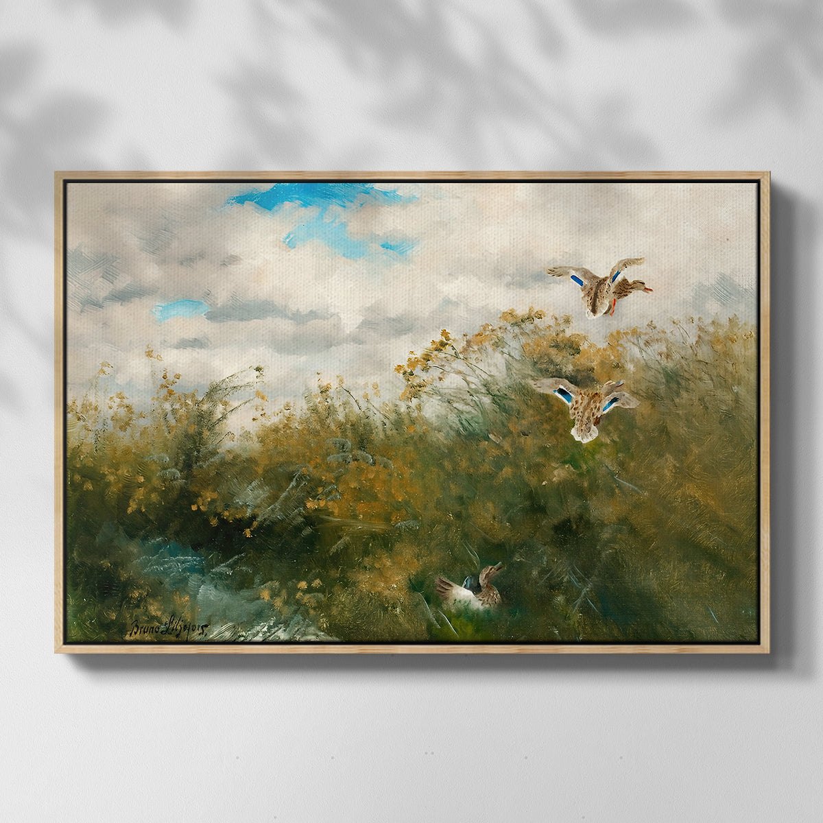 Front view of Wild Ducks (Grasänder), 1890 by Bruno Liljefors in a natural wood floater framed canvas.