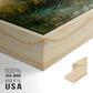 Close-up of the natural wood floater frame corner and gallery wrapped canvas construction.