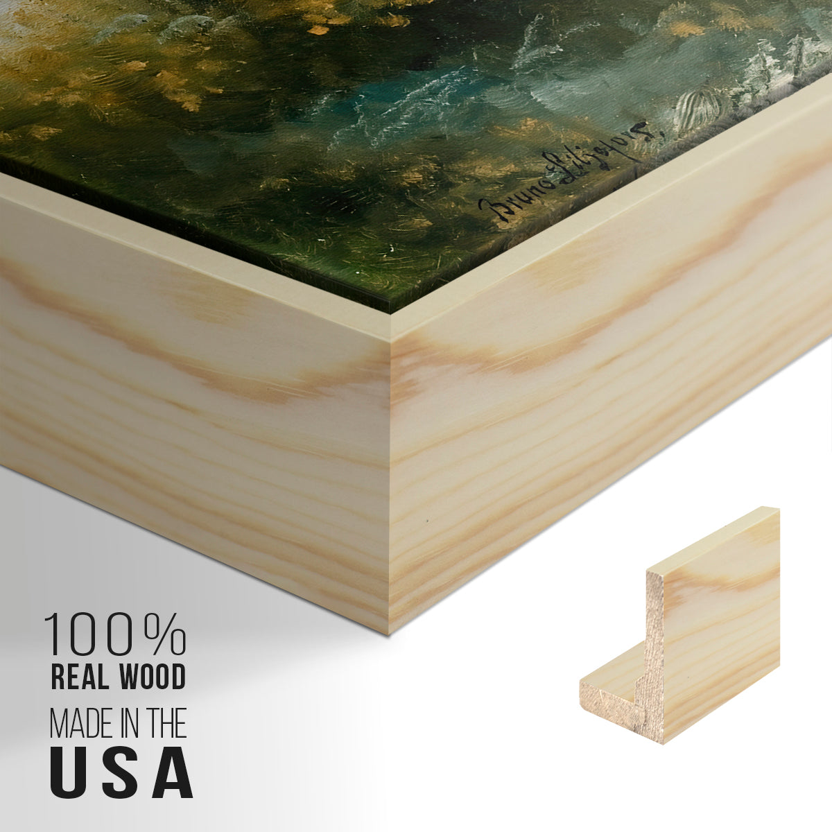 Close-up of the natural wood floater frame corner and gallery wrapped canvas construction.