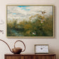 Natural wood floater framed canvas featuring a group of ducks foraging in natural marsh setting, displayed above a cabinet in a soft-toned living room.