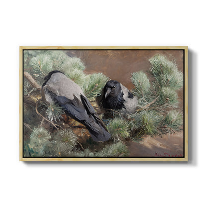 Hooded Crows (Kråkor), 1891 by Bruno Liljefors in a natural wood floater framed canvas wall art display.
