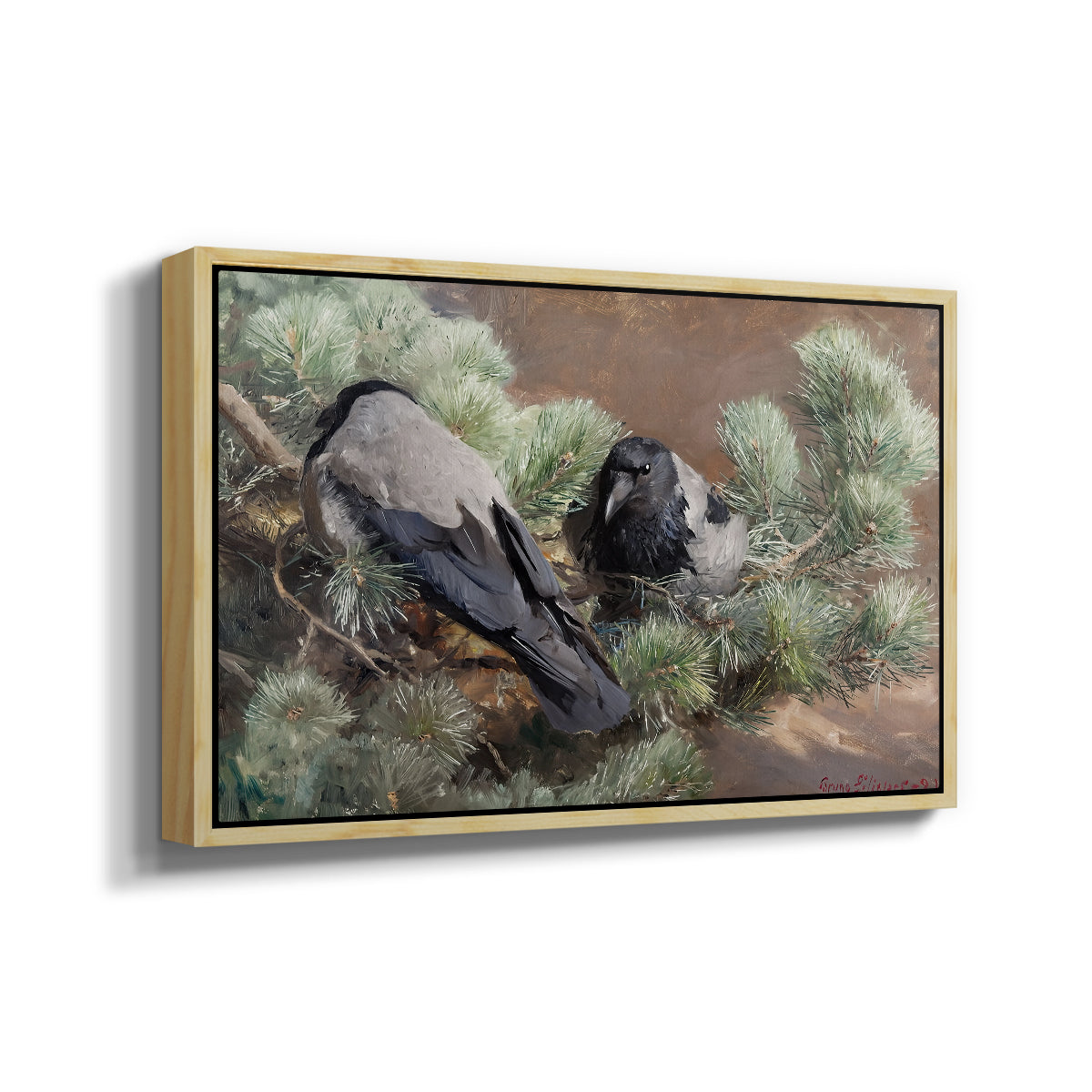 Angled view of Hooded Crows (Kråkor), 1891 by Bruno Liljefors in a natural wood floater framed canvas.