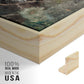 Close-up of the natural wood floater frame corner and gallery wrapped canvas construction.