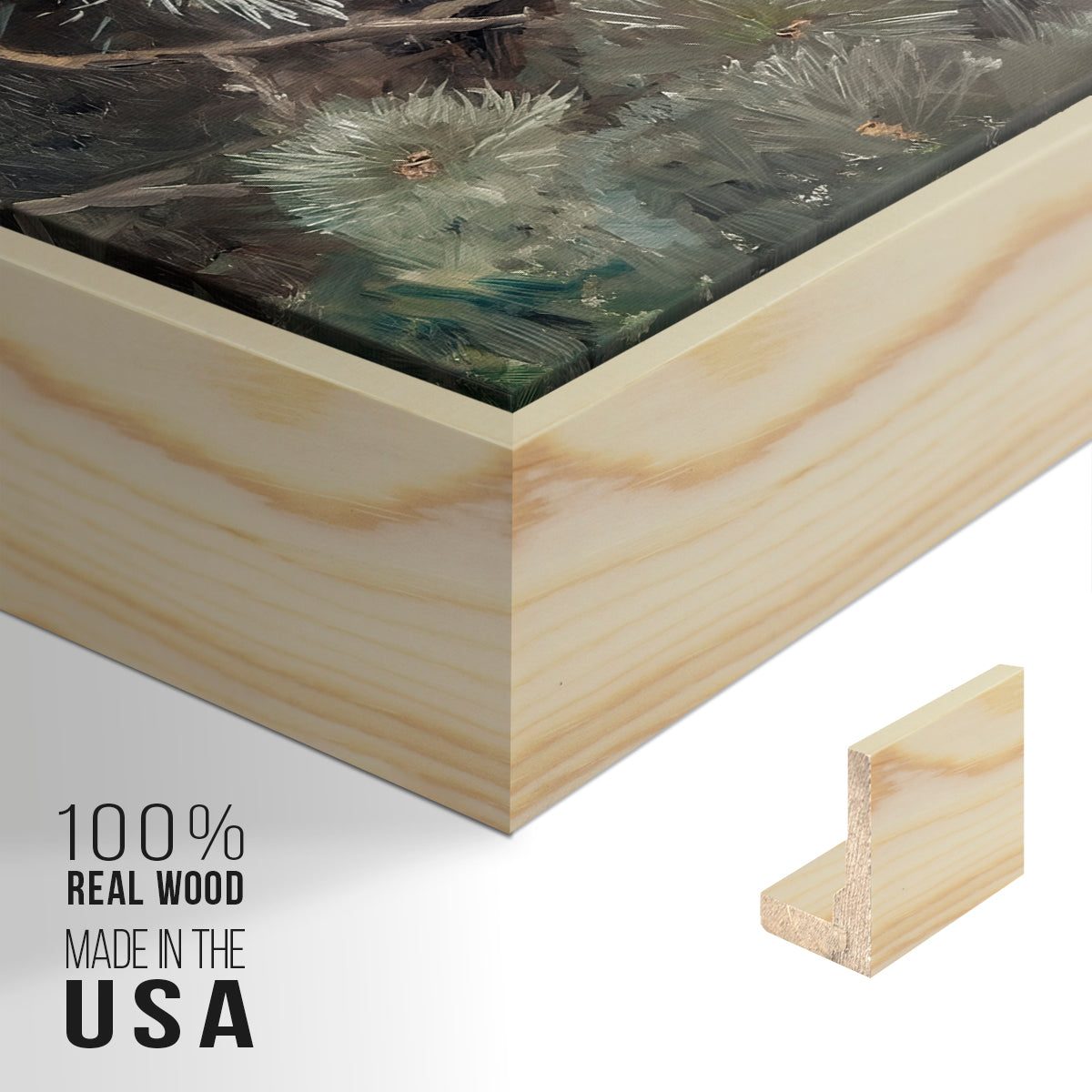 Close-up of the natural wood floater frame corner and gallery wrapped canvas construction.