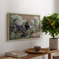 Hooded Crows (Kråkor), 1891 by Bruno Liljefors, presented in a natural wood floater framed canvas featuring two crows perched on ground among grass and earth tones, displayed above a hallway console table.