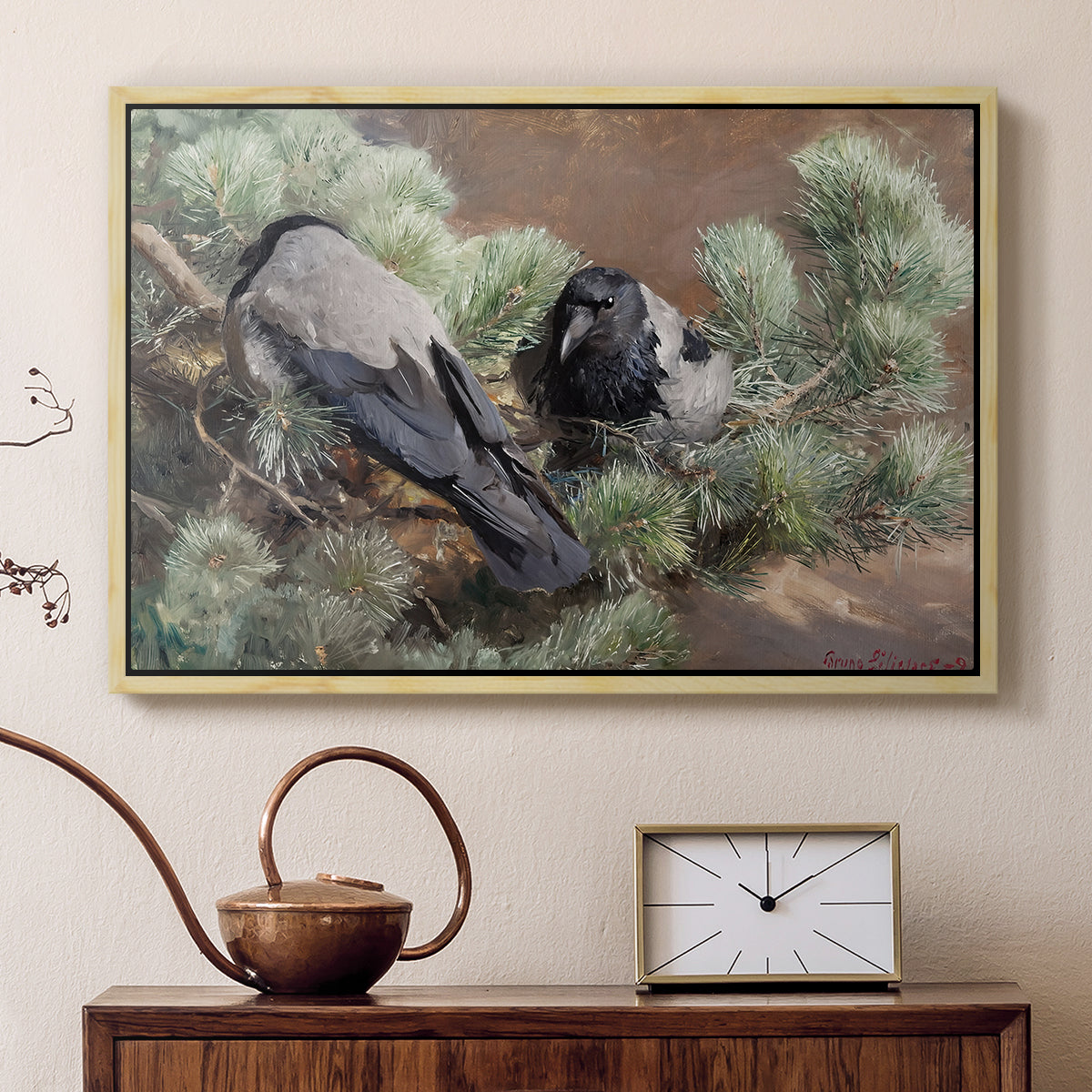Natural wood floater framed canvas featuring a realistic scene of crows interacting on grassy terrain, displayed above a cabinet in a soft-toned living room.