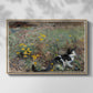Front view of Cat on a Flowery Meadow, 1887 by Bruno Liljefors in a natural wood floater framed canvas.
