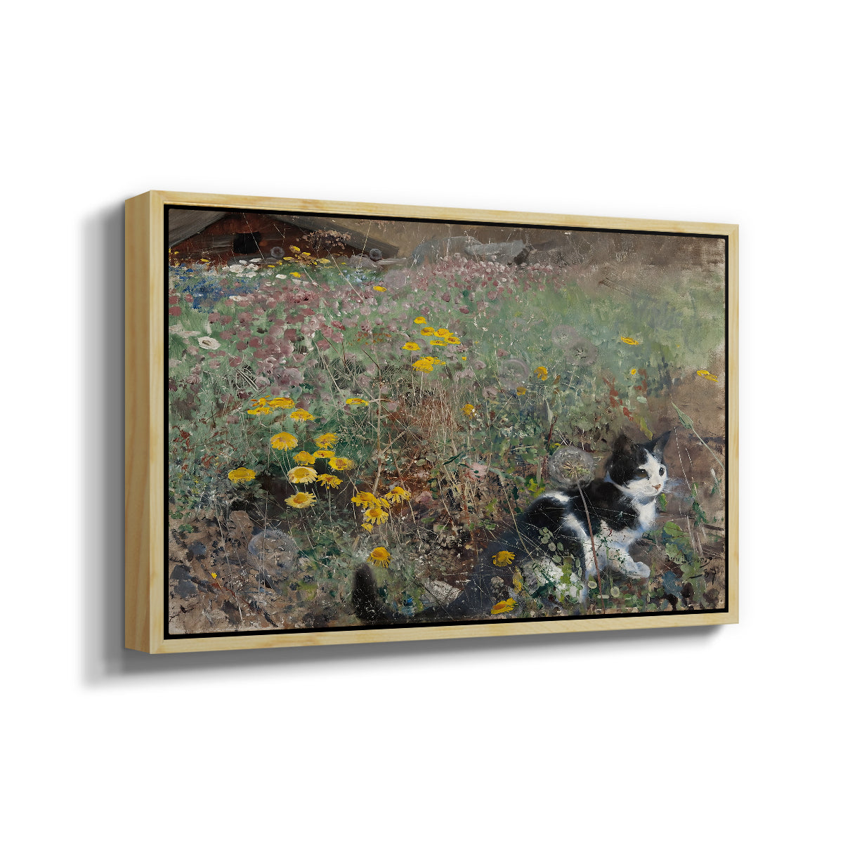 Angled view of Cat on a Flowery Meadow, 1887 by Bruno Liljefors in a natural wood floater framed canvas.
