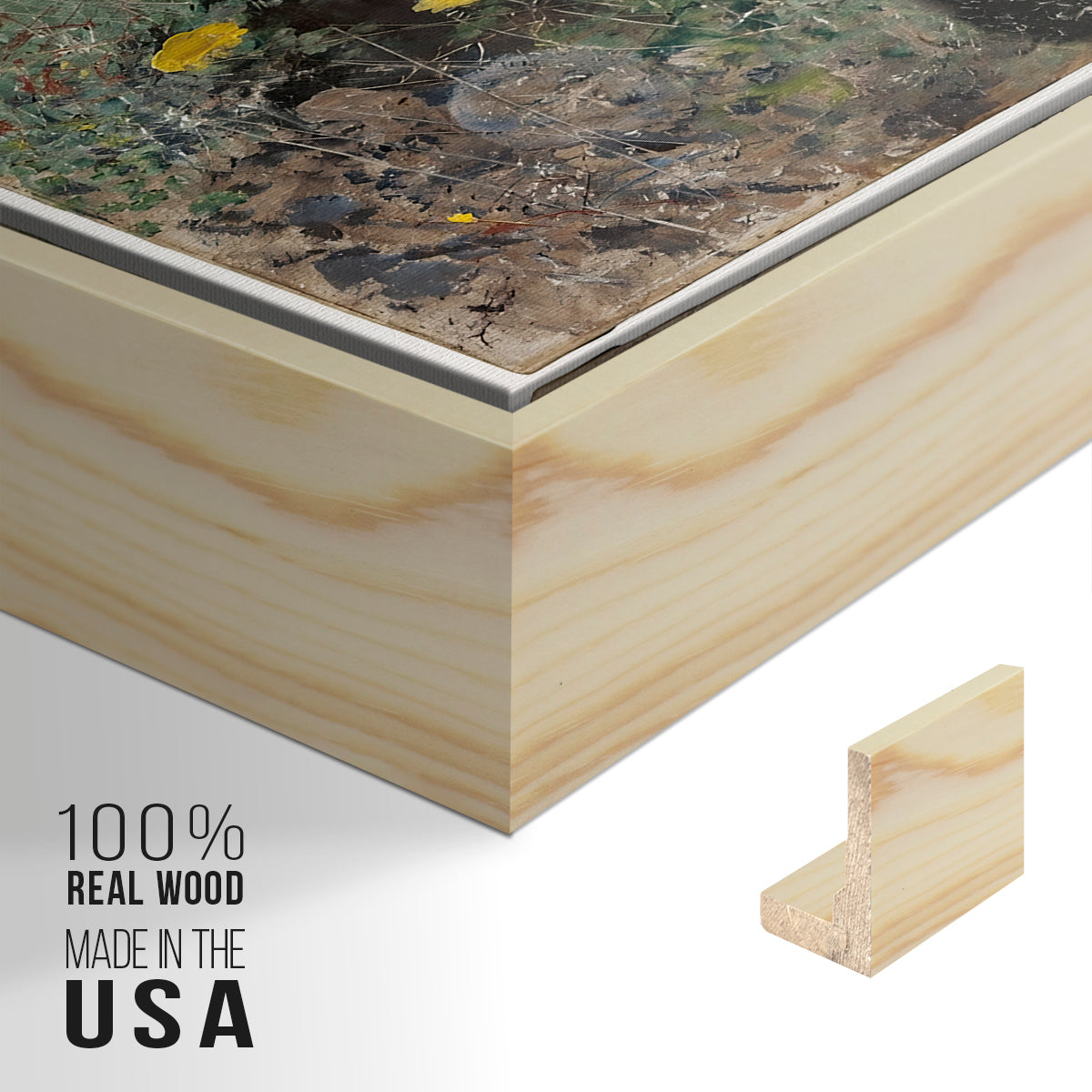 Close-up of the natural wood floater frame corner and gallery wrapped canvas construction.