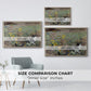 Size comparison chart for natural wood floater framed canvas featuring Cat on a Flowery Meadow, 1887 by Bruno Liljefors.