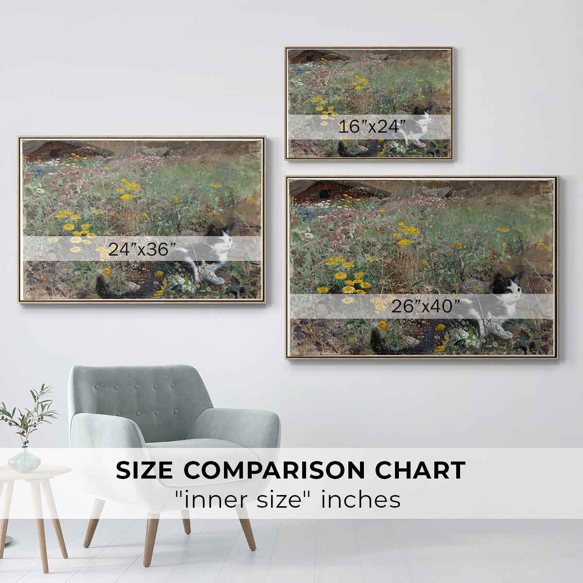 Size comparison chart for natural wood floater framed canvas featuring Cat on a Flowery Meadow, 1887 by Bruno Liljefors.