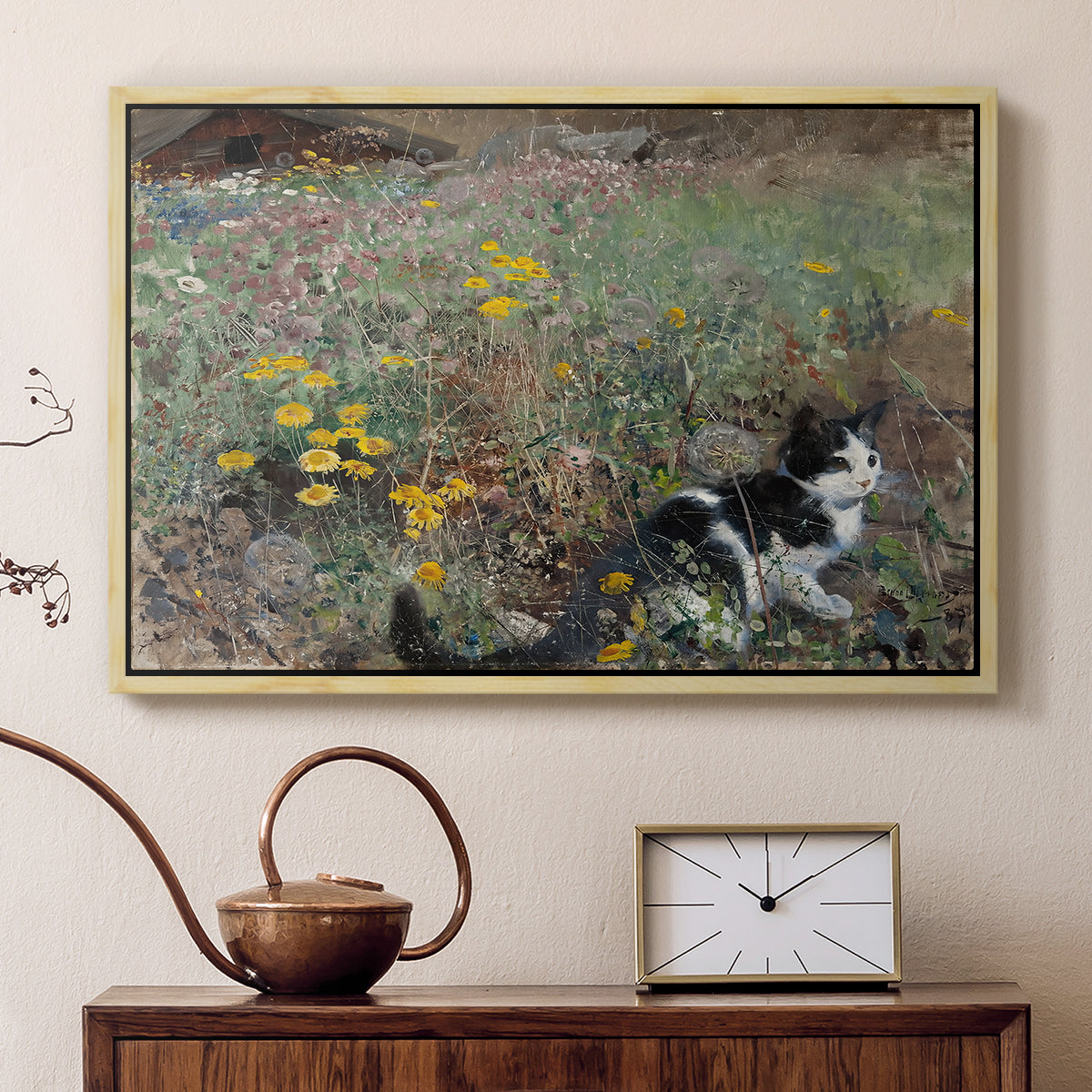 Natural wood floater framed canvas featuring an animal scene of cat hidden in lush meadow vegetation, displayed above a cabinet in a soft-toned living room.