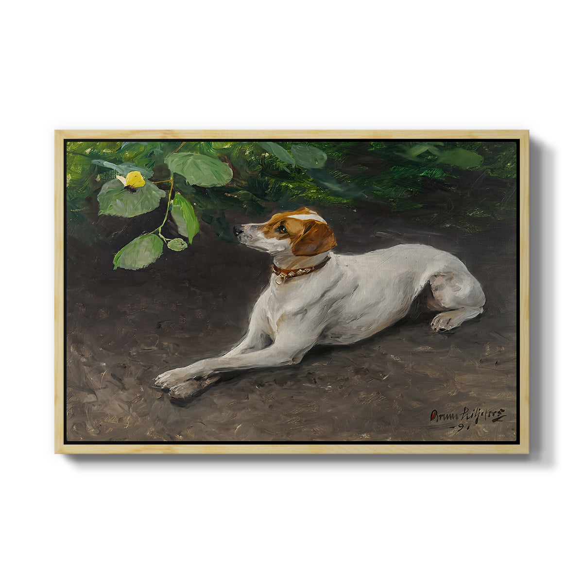 Portrait of a Dog, 1891 by Bruno Liljefors in a natural wood floater framed canvas wall art display.