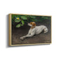 Angled view of Portrait of a Dog, 1891 by Bruno Liljefors in a natural wood floater framed canvas.