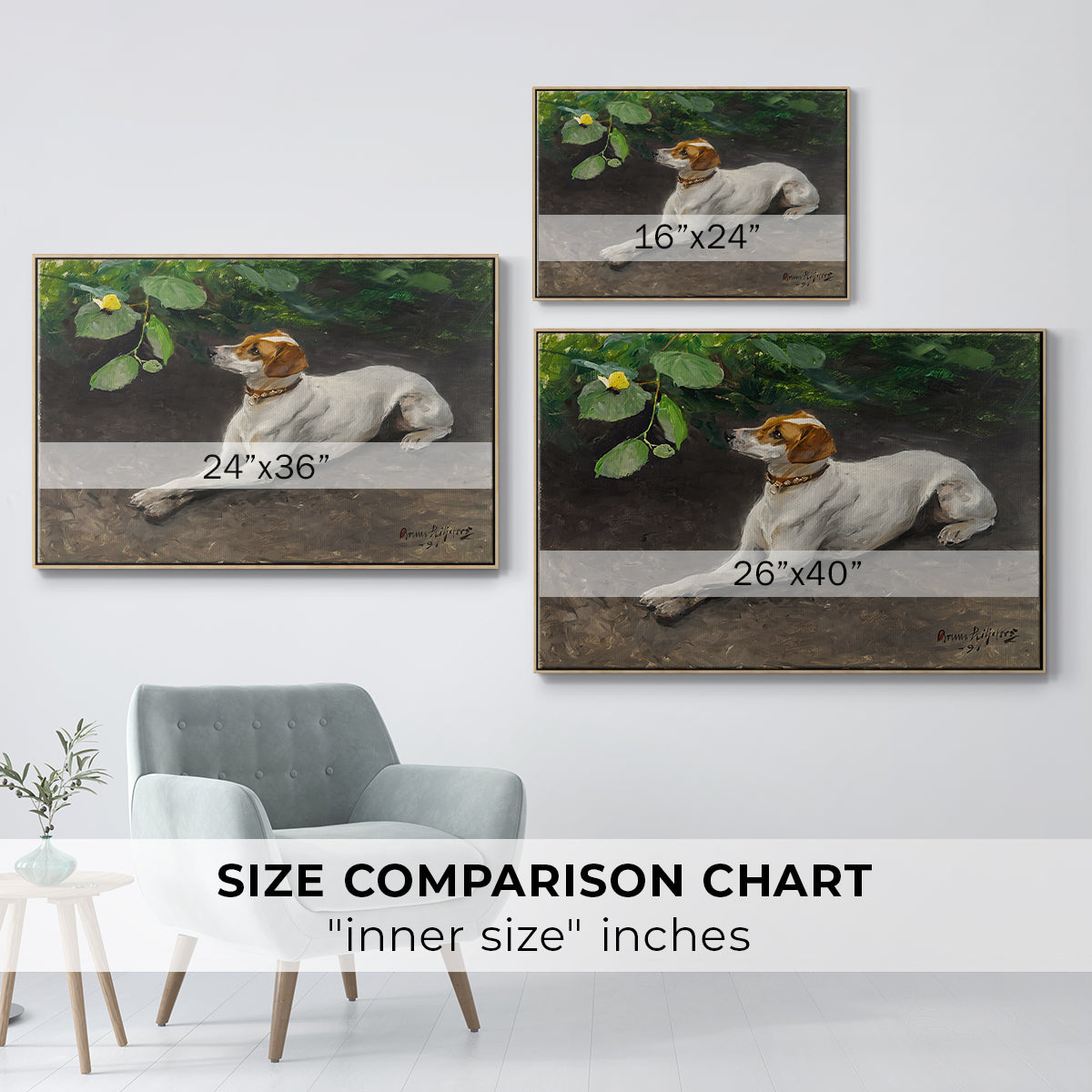 Size comparison chart for natural wood floater framed canvas featuring Portrait of a Dog, 1891 by Bruno Liljefors.