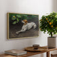 Portrait of a Dog, 1891 by Bruno Liljefors, presented in a natural wood floater framed canvas featuring a dog lying on ground with head raised in natural outdoor setting, displayed above a hallway console table.