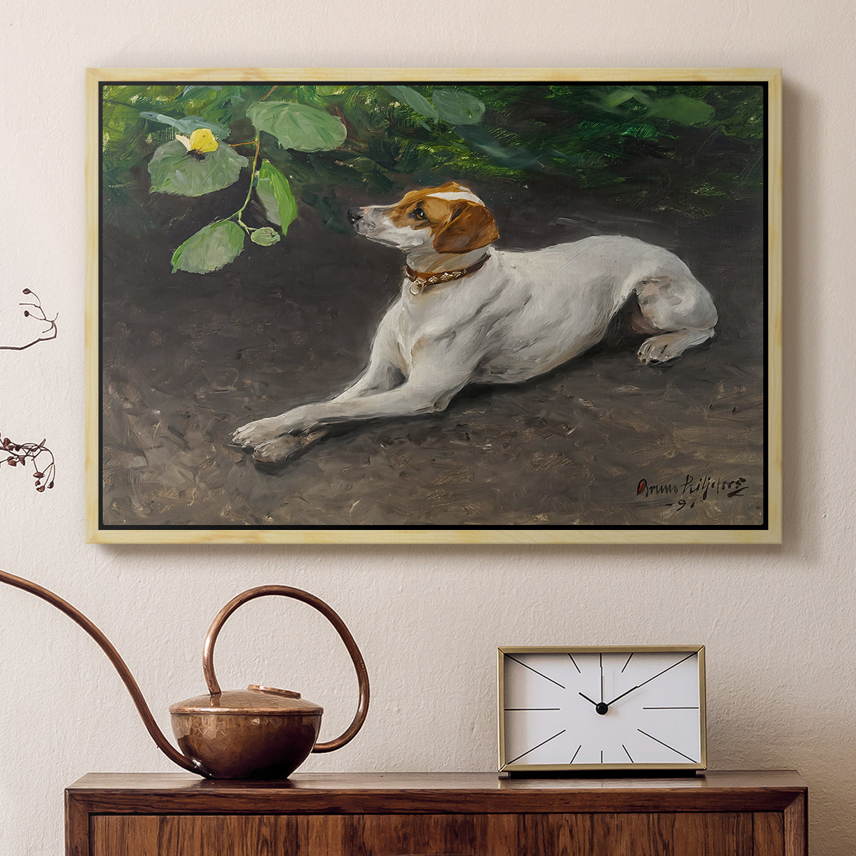 Natural wood floater framed canvas featuring an animal painting of dog stretched out on earthy terrain, displayed above a cabinet in a soft-toned living room.