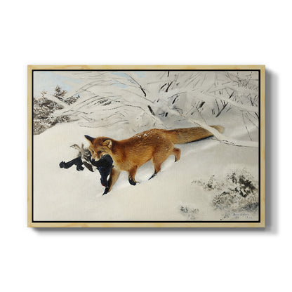 Fox in Snow Landscape, 1900 by Bruno Liljefors in a natural wood floater framed canvas wall art display.