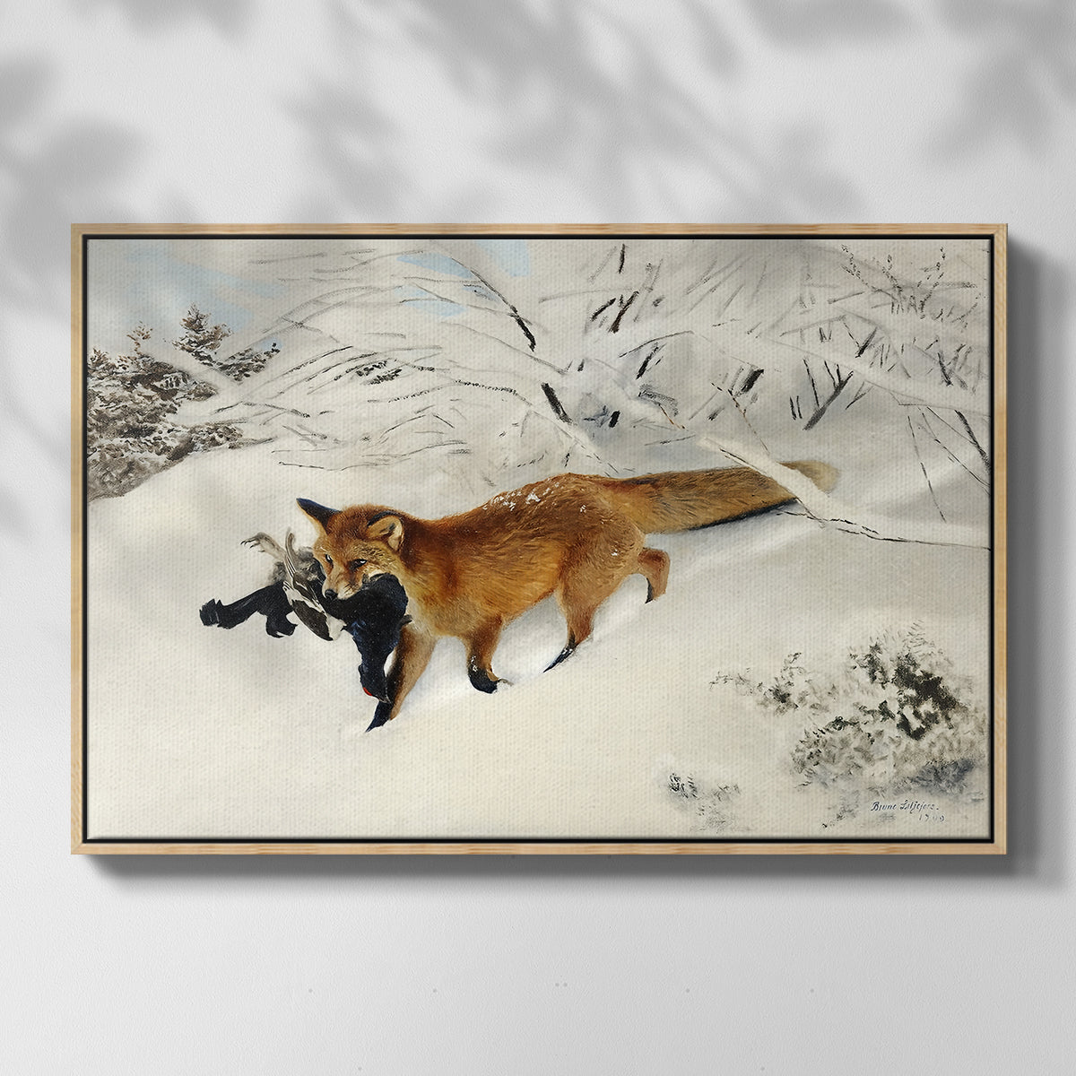 Front view of Fox in Snow Landscape, 1900 by Bruno Liljefors in a natural wood floater framed canvas.